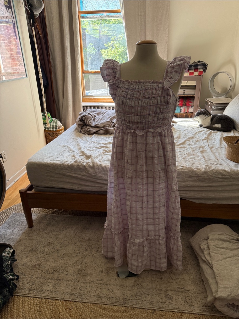 English Factory Lavender Plaid Smocked Midi Dress